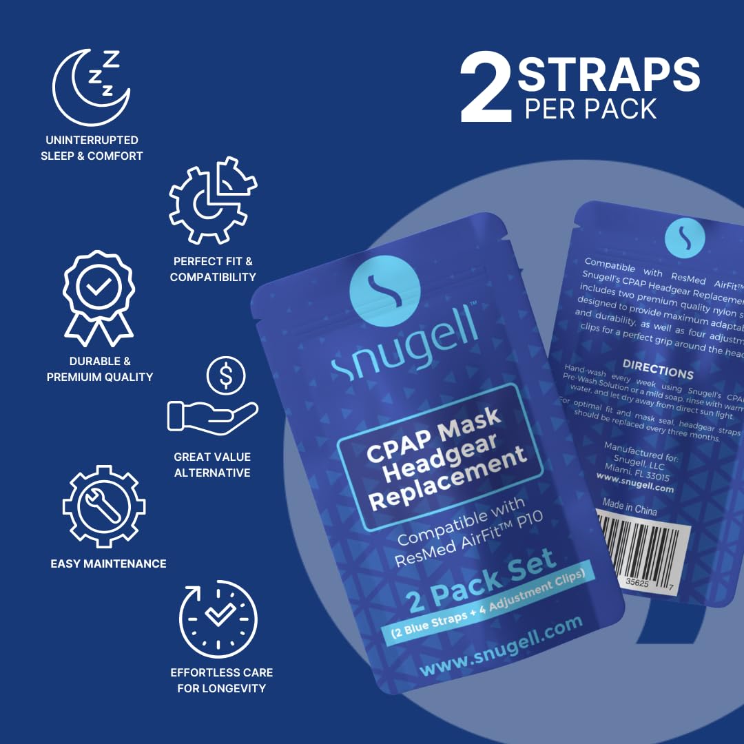 Snugell AirFit P10 Headgear Strap Replacement for Nasal Pillow Mask CPAP Accessories with 4 Adjustment Clips – Durable Premium Elastic Providing Secure Comfortable Sleep Therapy, 2 Pack - Blue