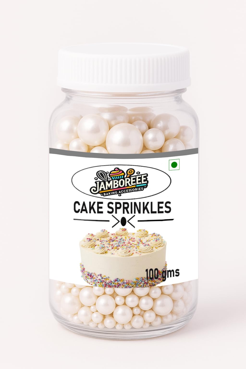 Jamboreee Edible Pearl Cake Sprinkles – White Sugar Balls for Cake Decoration, Cupcakes, Cookies & Desserts – Baking Accessories (100g)