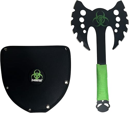 Z Hunter - Hacha de fantasía - Hacha de doble cabeza de acero inoxidable negro con gráfico de peligro biológico, mango de acero inoxidable negro con