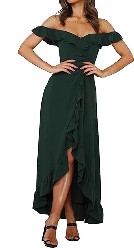 Miniatura 2 de R.Vivimos Vestido largo de algodón de verano para mujer, con hombros descubiertos y volantes, fruncido, con abertura