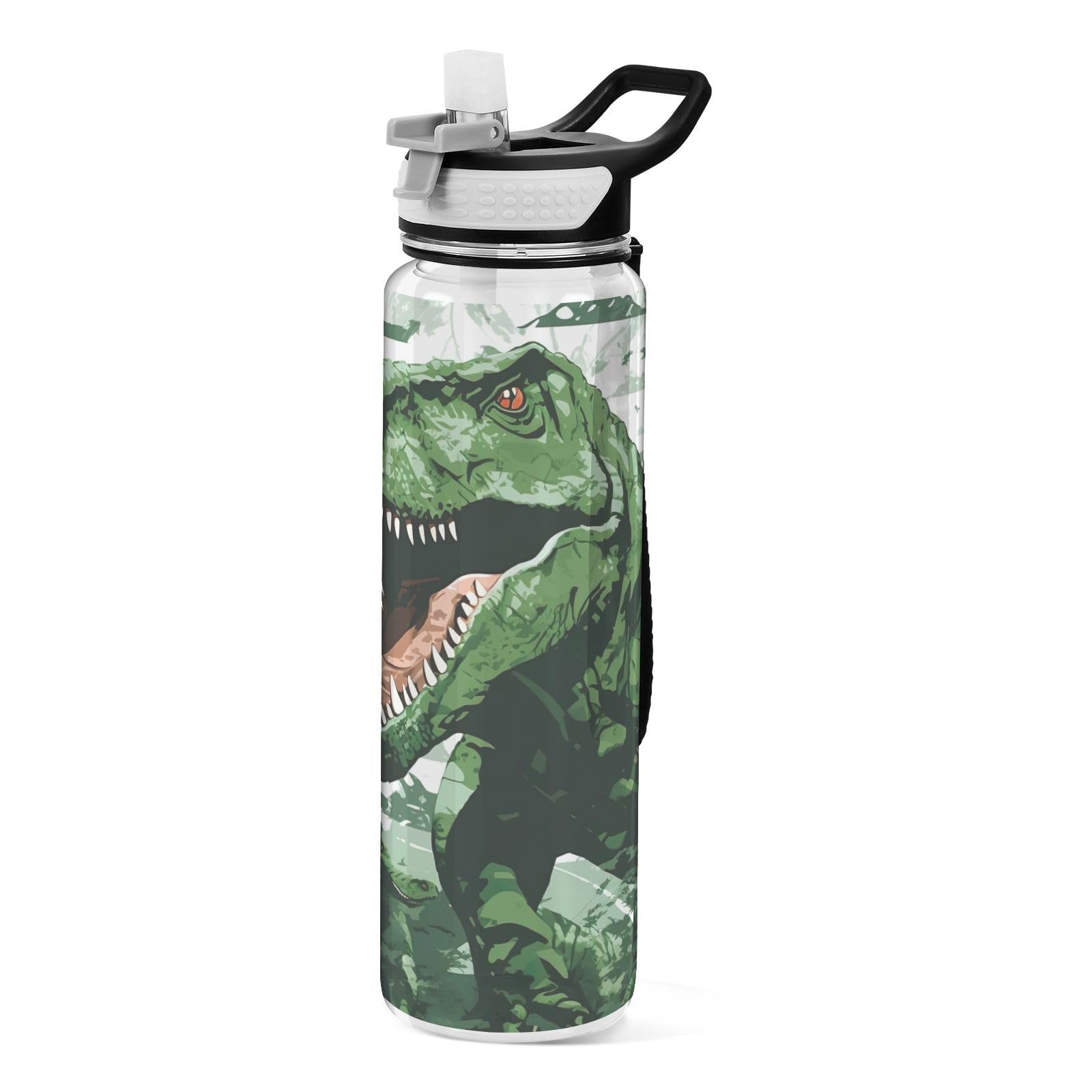 Grckit Cartoon Camo Dinosaur Water Bottle 32oz Tritan BPA-free Leak-proof Sports Water Bottle with Carry Strap for Hiking Camping Gym Outdoors