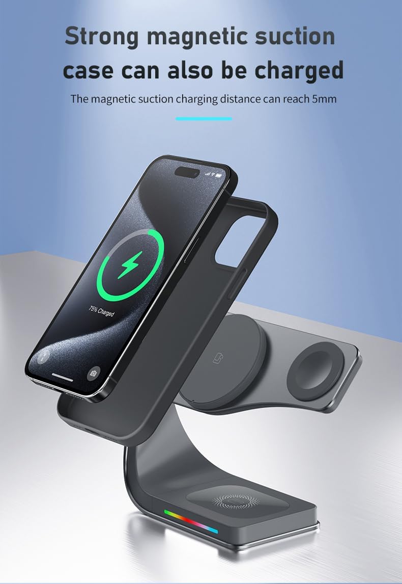 Qi2 Wireless Charger, 3 in 1 Fast Charging Station for iPhone 15/14/13/12, Apple Watch, AirPods, 15W Magnetic Foldable Charging Dock, Portable Wireless Charger Stand for Home, Office, Travel