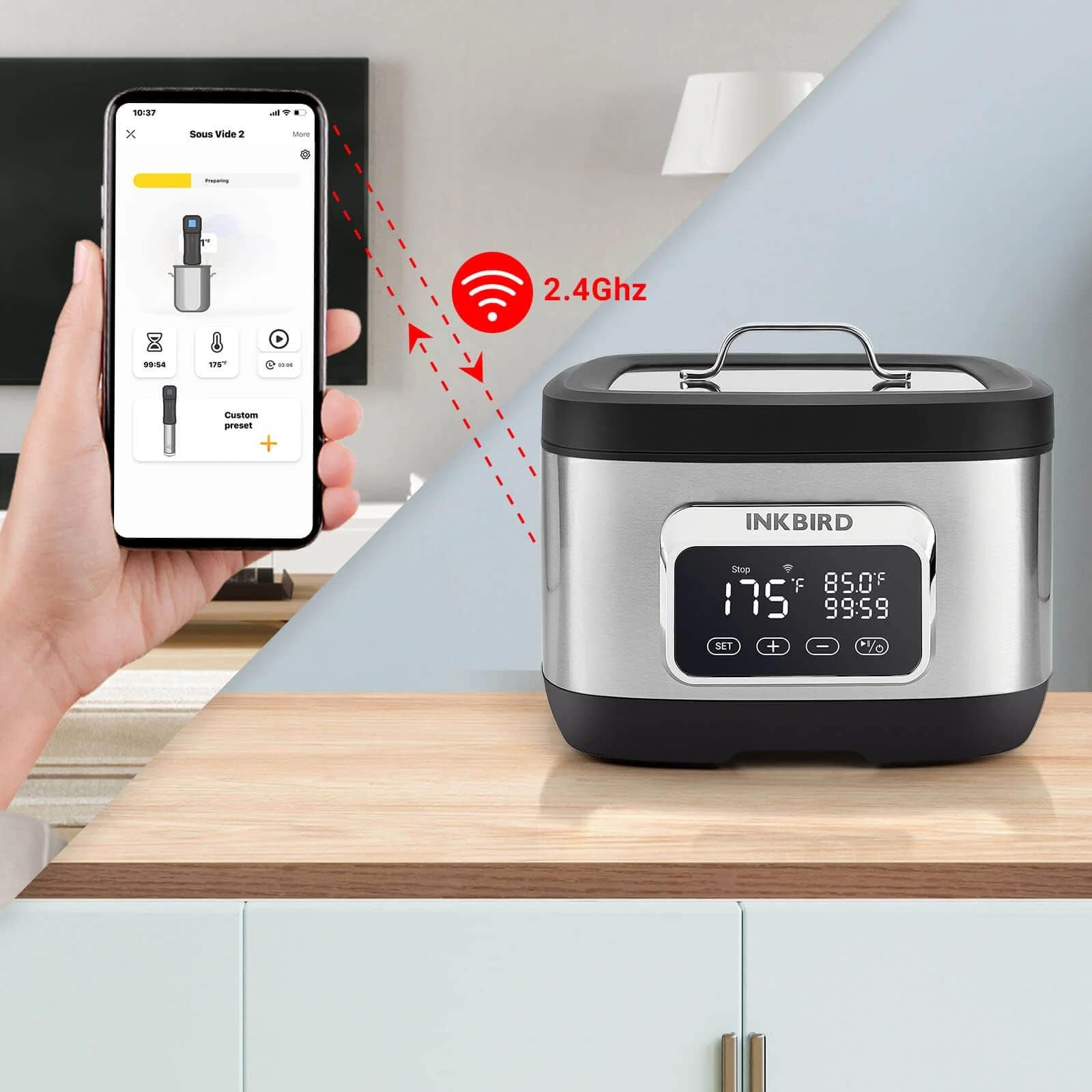 INKBIRD ISV-500W WiFi Cuiseur Sous Vide, Sous Vide Cooker avec Grille| Chauffage Rapide à Circulation d'eau Électromagnétique 3D, avec Recettes Prédéfinies par APP, 700W, Ultra-Silencieux, Inox, 8L