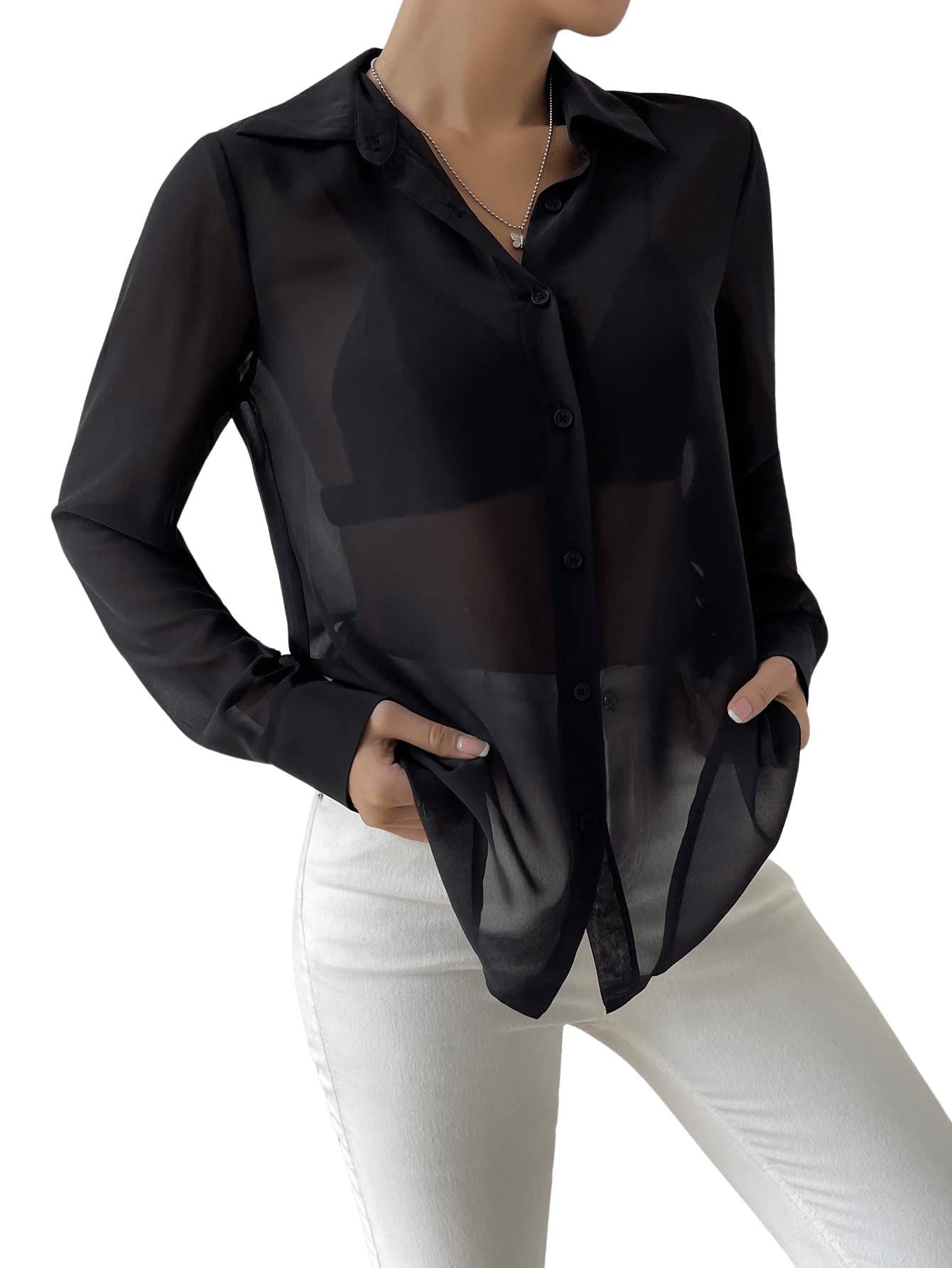 Verdusa Women's Sheer Mesh Button Up Shirt Long Sleeve See Through Blouse: X-Small Black