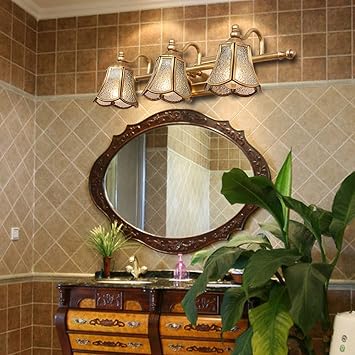 Vintage Brass Mirror Front Light, European Style E14 Bathroom Mirror Light Glass Lampshade Wall Light Mirror Cabinet Dressing Table Dressing Room Decoration, 3 Lights