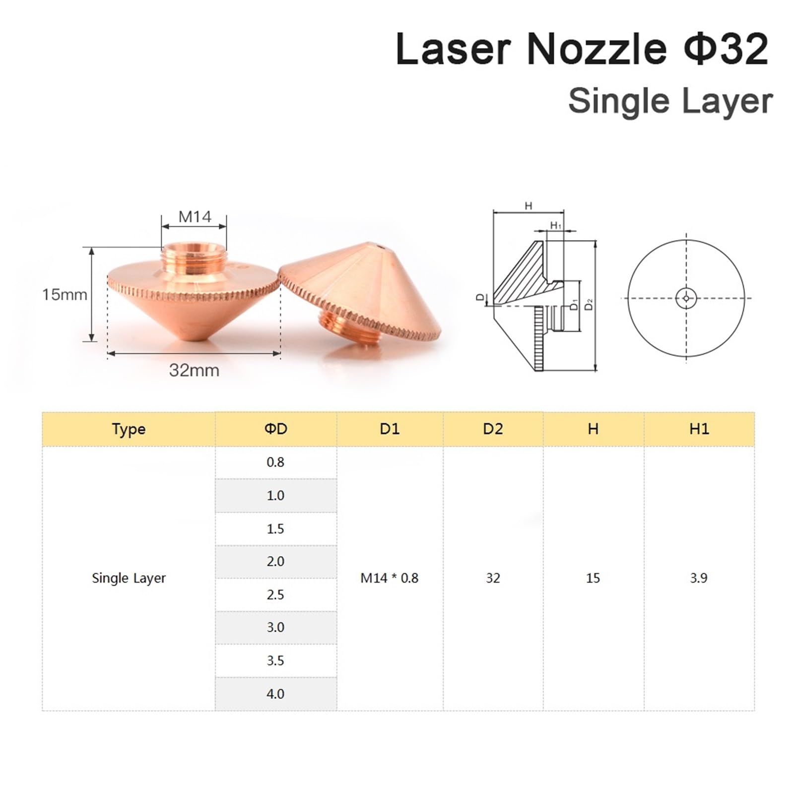 Dia.32mm Laser Nozzle Single Double Layer Caliber 0.8-5.0 Thread M14 for Fiber Laser Cutting Head(2.0mm,Double Layers)