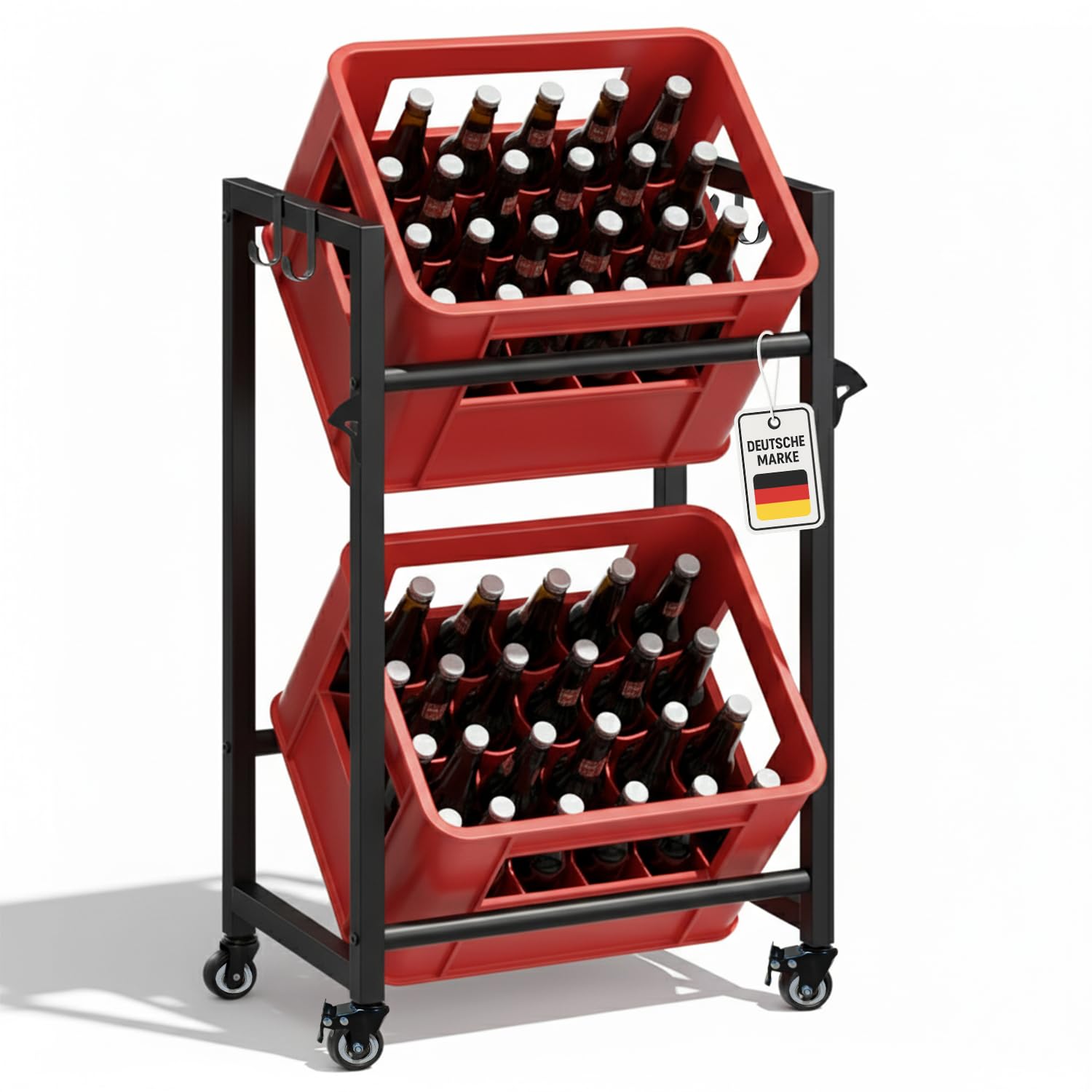 Getränkekistenregal für 3/6 Kisten – Schwerlastregal aus Metall für Bier- & Wasserkisten – Getränkeregal mit Ablage – Tragkraft 600 kg – Küche Keller Vorratsraum (2 Kisten auf Rollen)