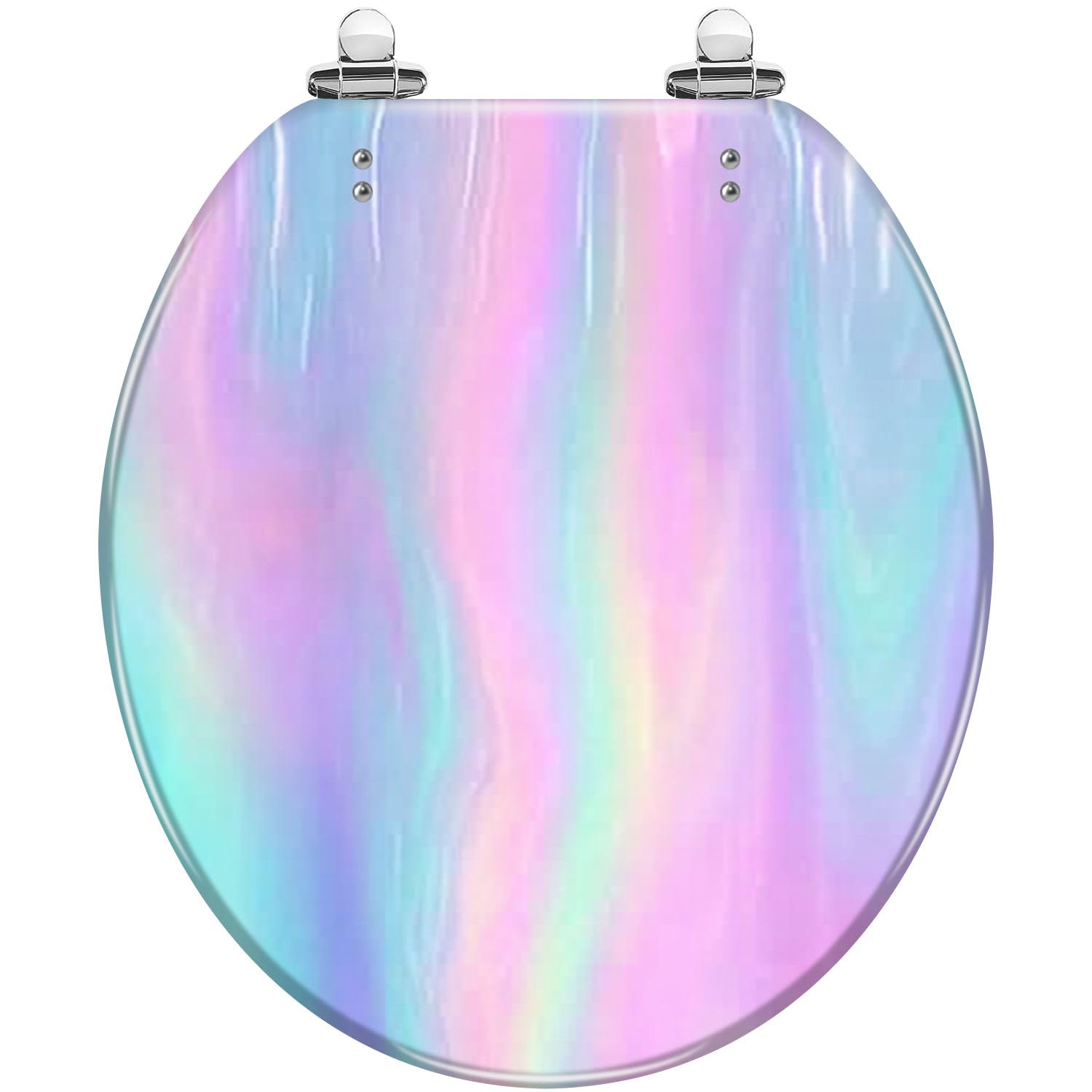Asiento de inodoro redondo de resina: holográfico pastel iridiscente degradado abstracto decorativo, cierre silencioso, bisagras de liberación rápida, fácil instalación y limpieza