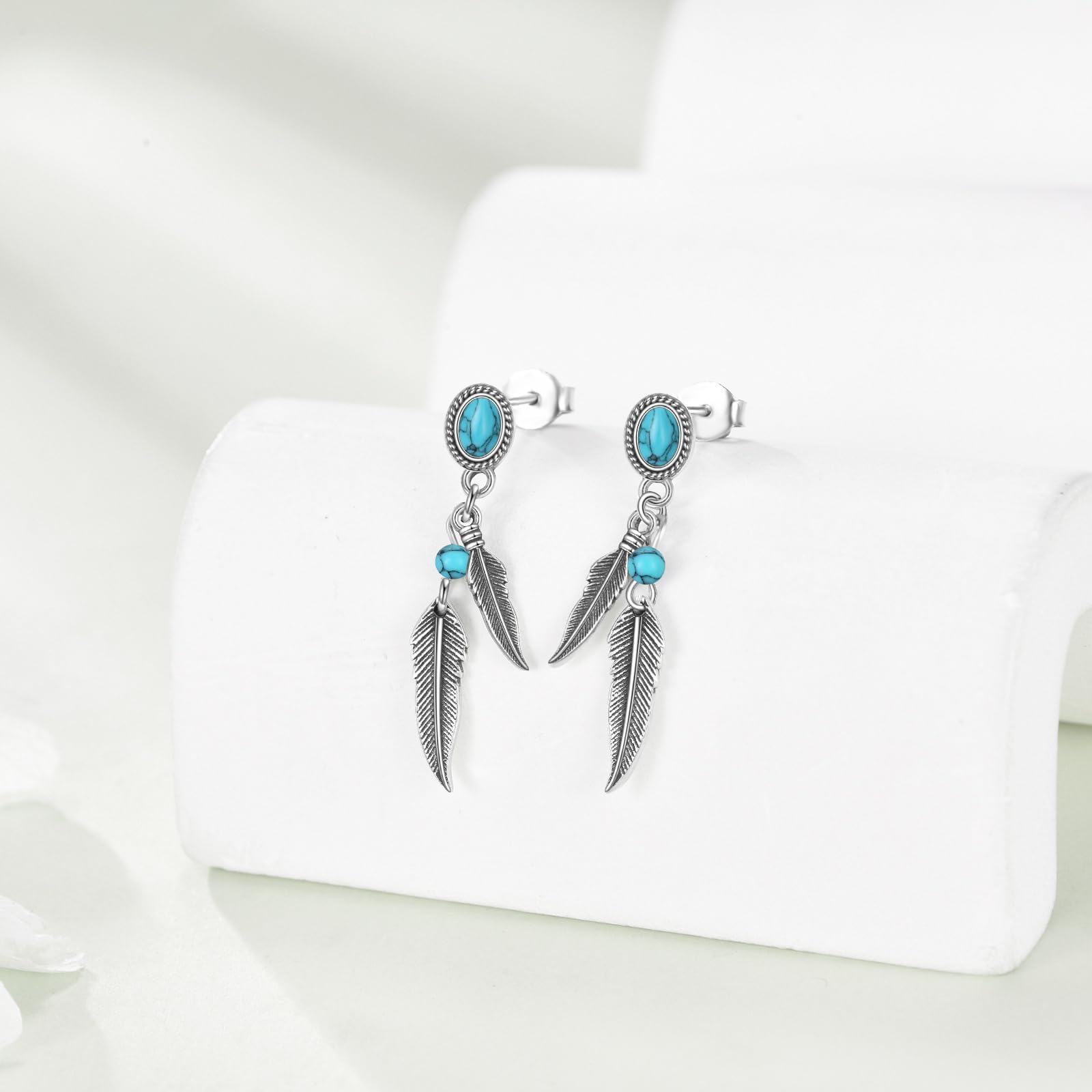 Pendientes de plumas turquesas de plata de ley 925, pendientes de plumas bohemias, joyería occidental para mujer