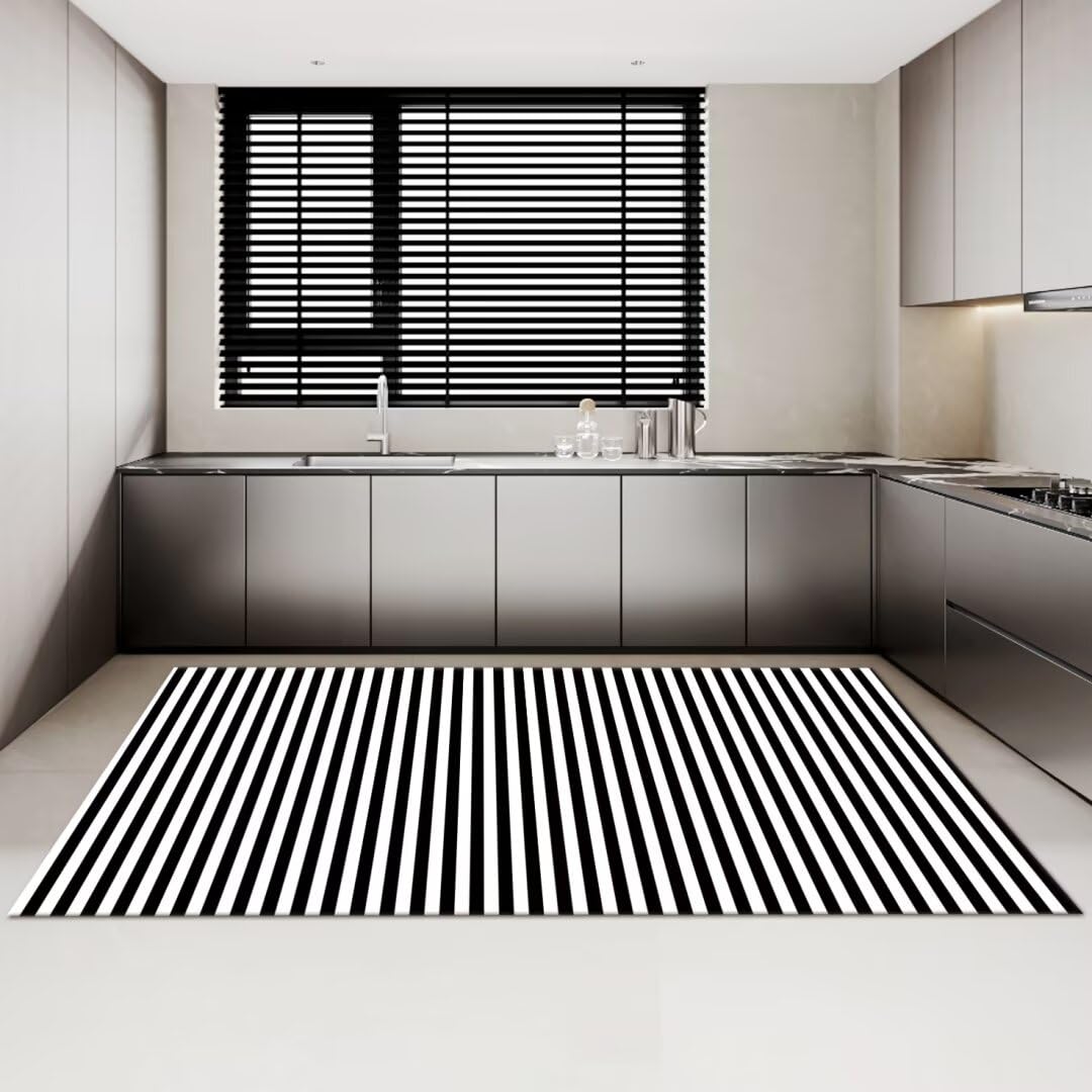 Läufer Flur Küche Waschbar rutschfest 100x200cm Modern Gestreift Schwarz Weiß Lang Küchenteppich Flurteppich Teppich Fur Korridor Wohnzimmer Schlafzimmer Meterware Anpassbar