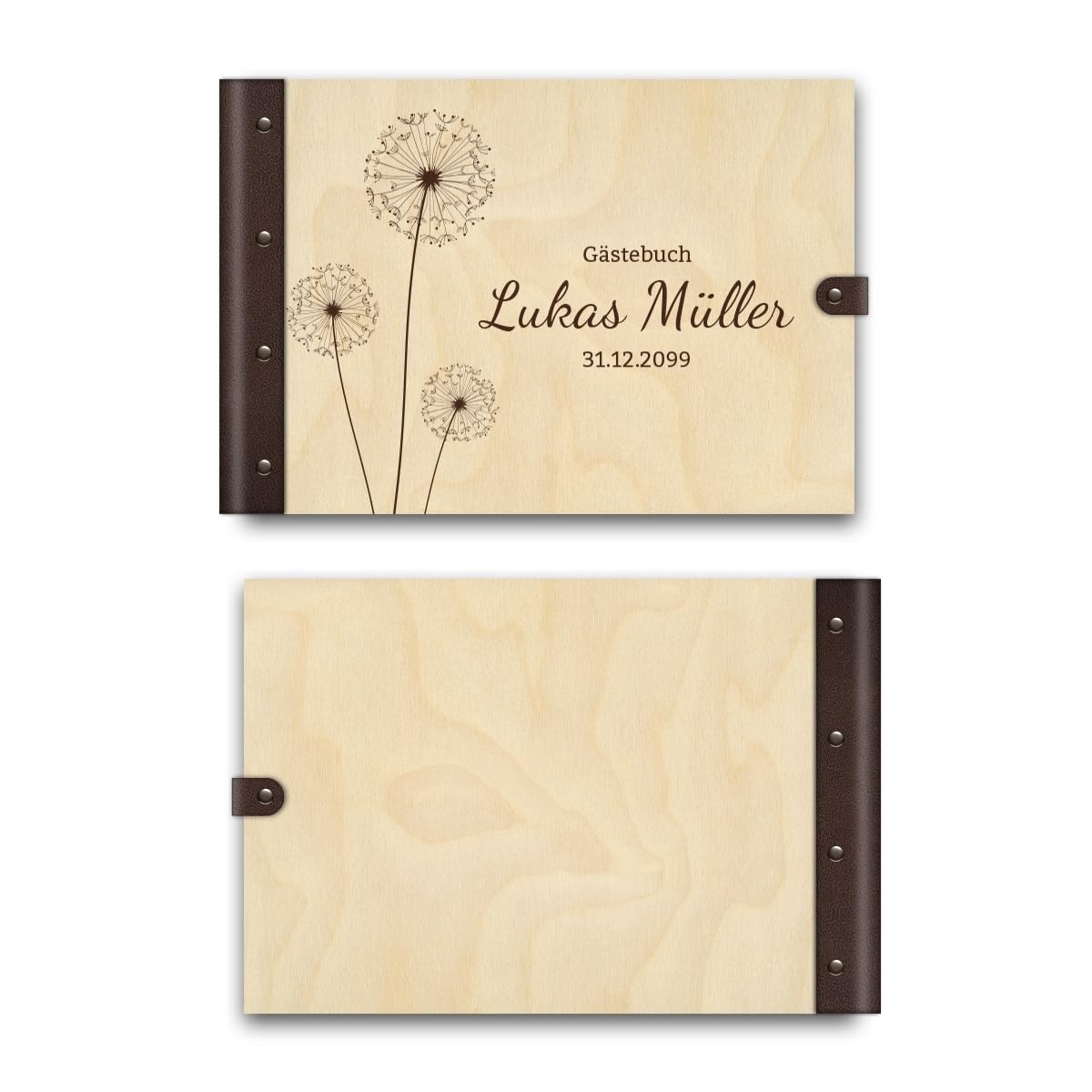Personalisiertes Gästebuch Taufe Konfirmation Kommunion echtes Holz DIN A4 Kondolenzbuch mit Lasergravur - Pusteblume - mit 72 Blatt / 144 Seiten Naturpapier Weiß