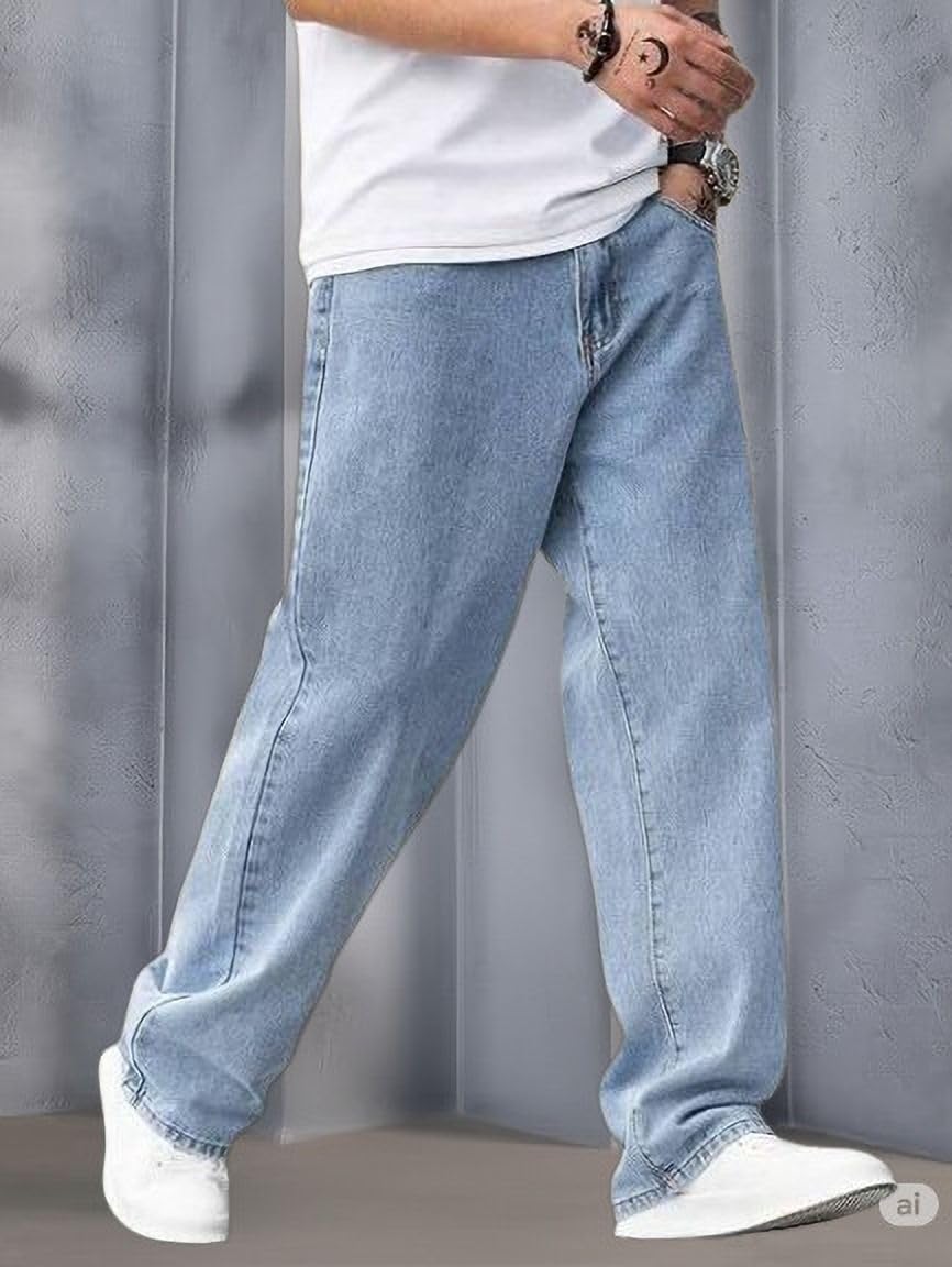 Loose Fit Mid Rise Light Blue Men Denim Jeans-image-11