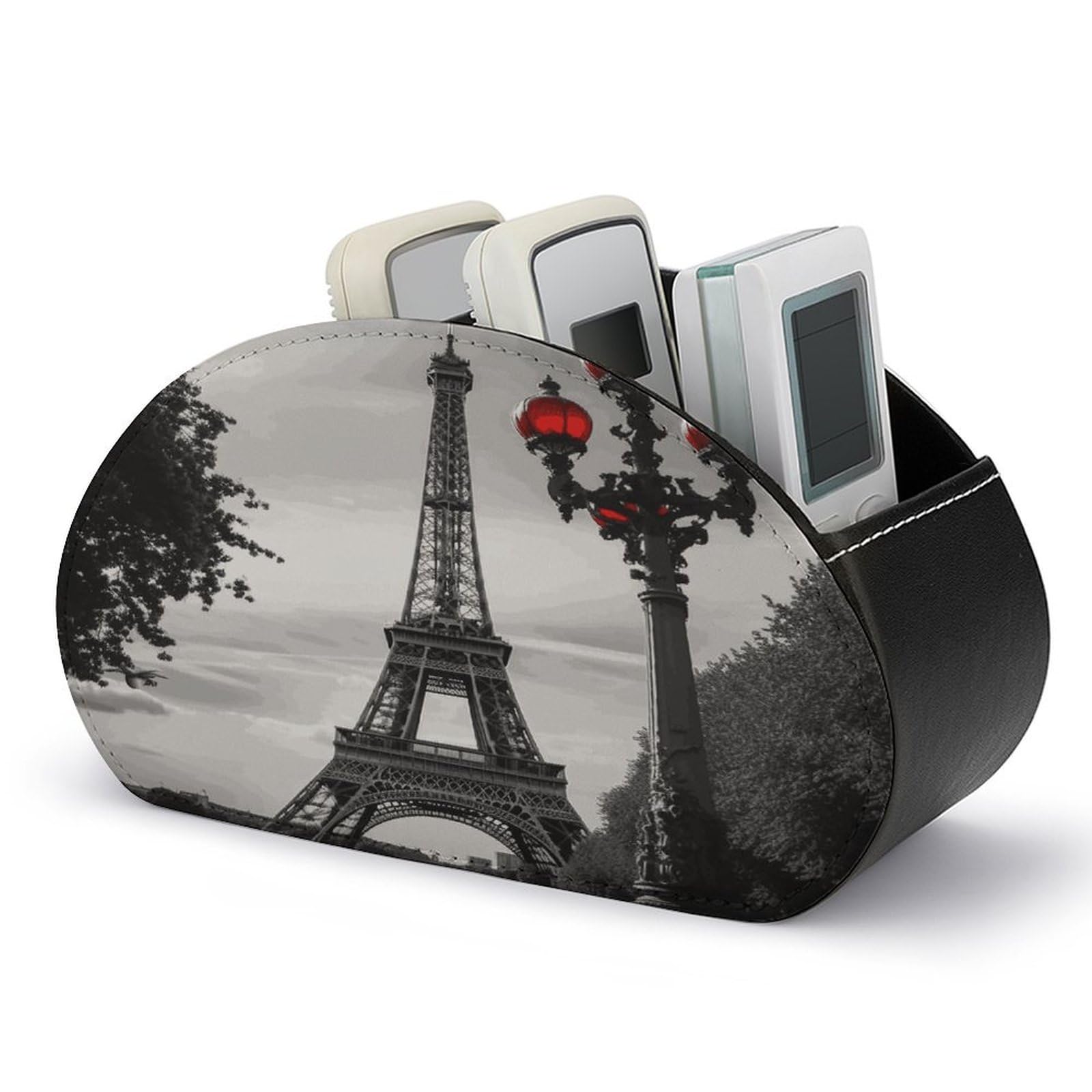 LZQPOEAS Eiffel Tower London Remote Control Holder with 5 Compartments PU Leather Remote Organizer Box Caddy for Table Nightstand Remote Caddy Desktop Organizer Fits Media Controllers