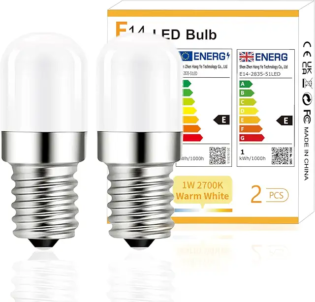 YzzYzz E14 LED Warmweiß Lampe 1W, 2700K Kühlschrankbirne, 2 Stück