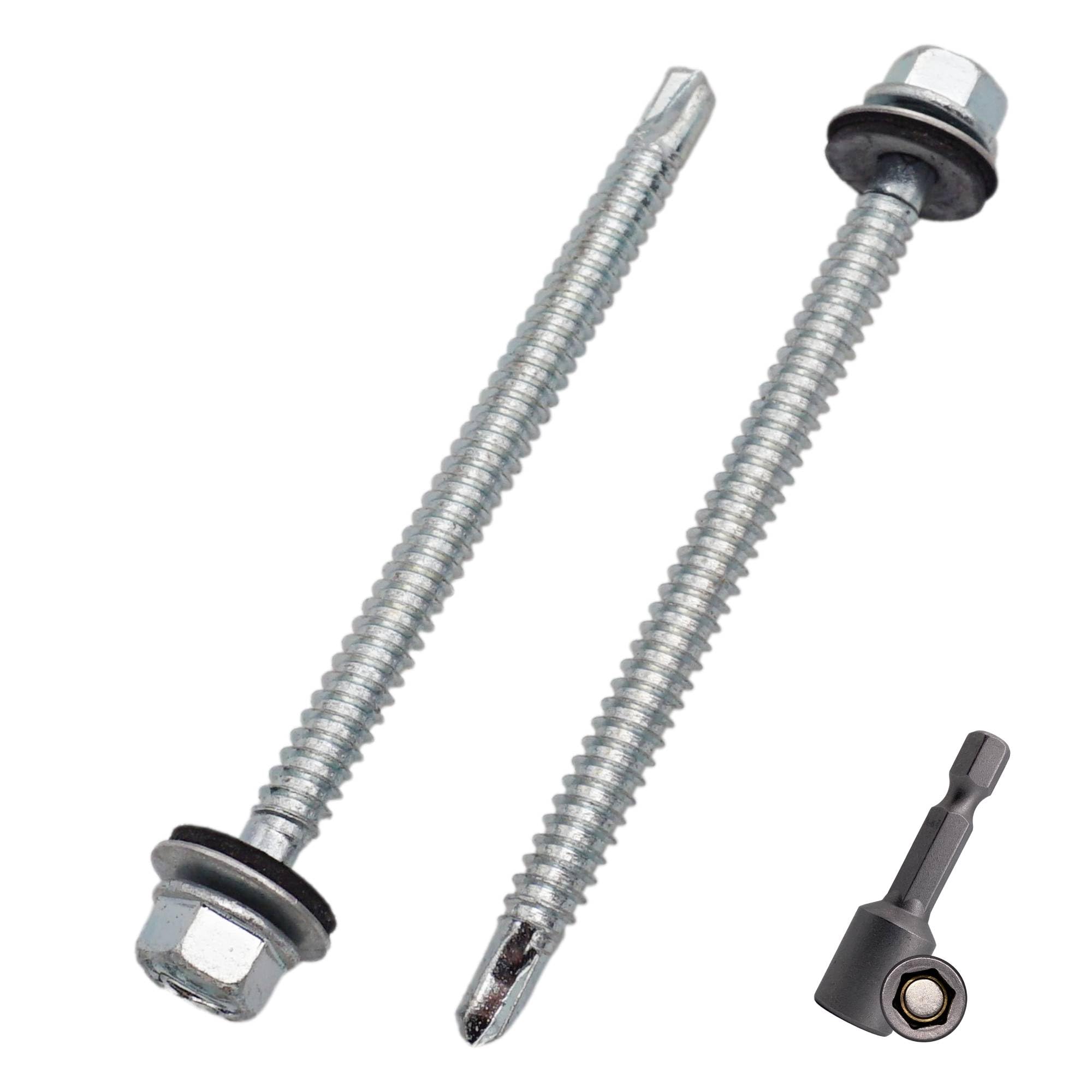 SKIR'CO (80 pcs) Zinc Plated Roofing Screws 6.3 x 90 mm, Hex Head, DIN 7504-K Self-Drilling Screws with EPDM Sealing Washers