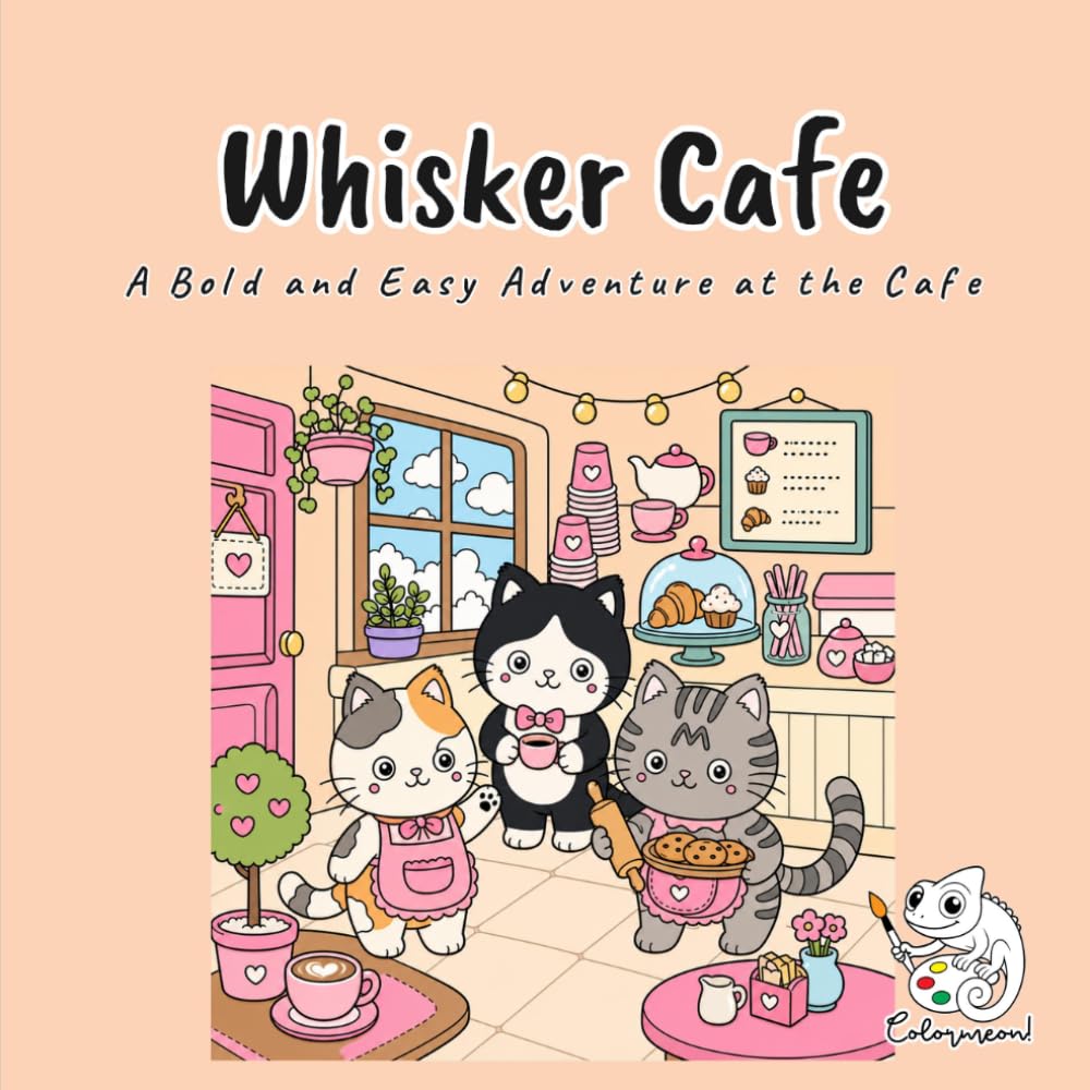 Whisker Cafe: A Cute and Cozy Kawaii Coloring Book for Adults and Teens with Bold and Easy Cat Cafe Scenes for Stress Relief and Mindful Relaxation