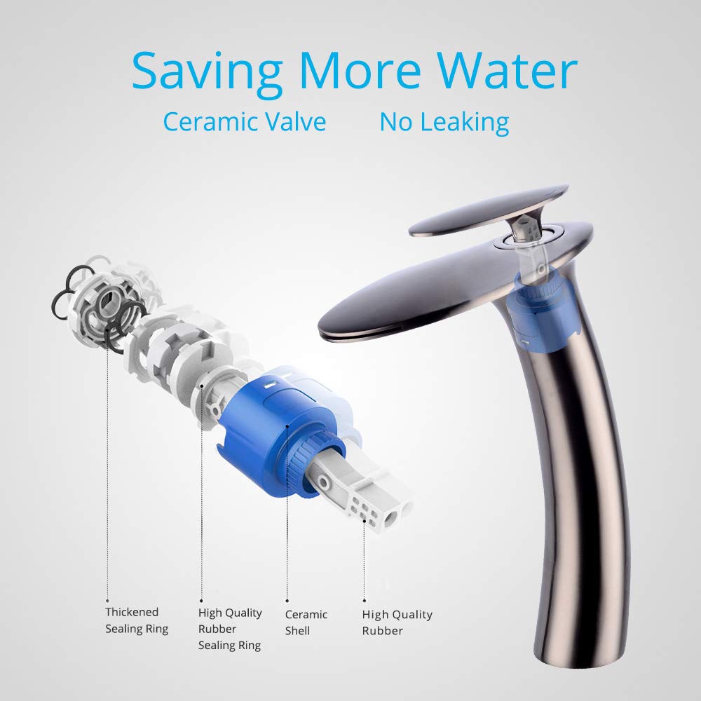 Wovier Brushed Nickel Waterfall Bathroom Sink Faucet with Supply Hose and Pop Up Drain,Single Handle Single Hole Vessel Lavatory Faucet,Slanted Body Basin Mixer Tap Tall Body Commercial