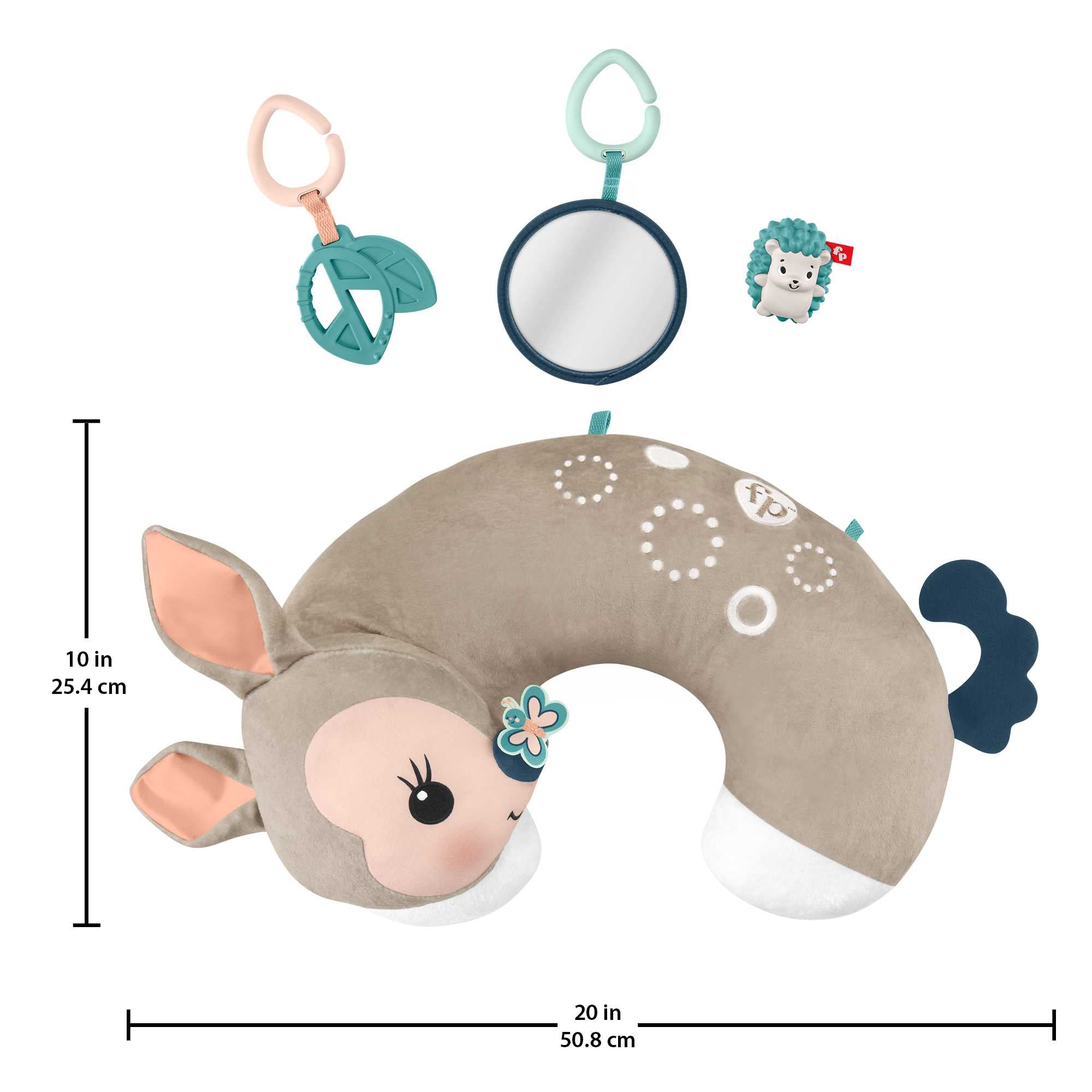 Fisher-Price - Cuscino Dolce Cerbiatto, cuscino giocattolo per neonati con 3 giocattoli per attività sensoriali, Giocattolo per Bambini 3+ Mesi, HJJ16