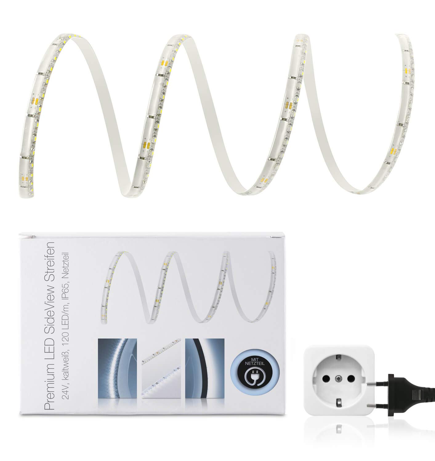 LED Universum Premium Sideview LED Streifen, 0,5m, kaltweiß, 120 LED/m, IP65, 24V, 16W/m, 750 lm/m, seitliche Abstrahlung, inkl. Netzteil
