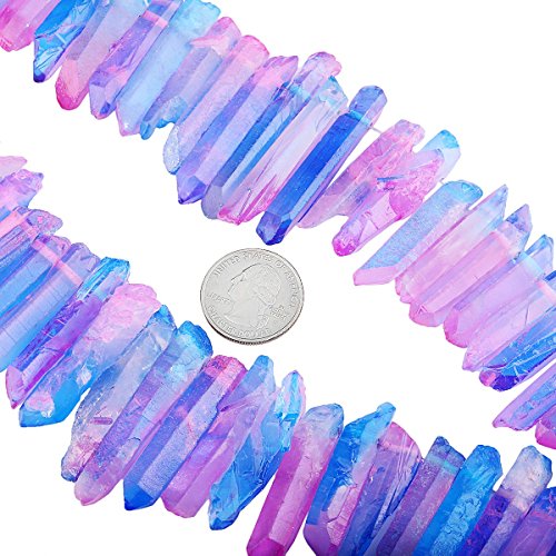 Sunyik Hot Pink/Blue Titanium Coated Crystal Points Quartz Rough Sticks Spikes Point Beads 15 Inch Strand Drilled #TOP5