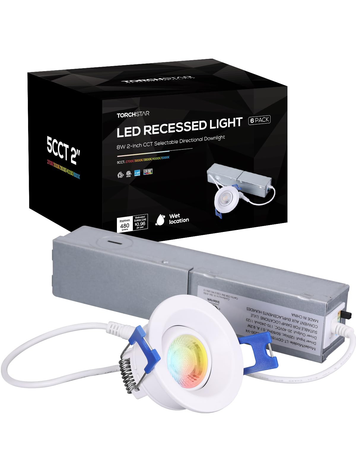 TORCHSTAR 5CCT 2 Inch Gimbal LED Recessed Light with J Box, Anti-Glare Deep Smooth Trim, 8W CRI90 Dimmable Swivel Adjustable Eyeball Downlight,