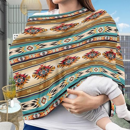 Image of Nativa American Indian Tribal Aztec Stripe Geometry Print Nursing Cover Breastfeeding Scarf Southwest Red Pattern Baby Car Seat Covers, Infant Canopy Stroller Coverage for Girls Boys