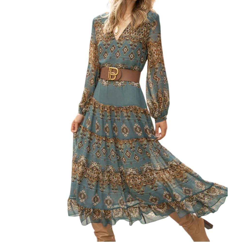 Women's V Neck Ethnic Style Empire Waist Slim Chiffon Dress Fall Long Sleeve A-Line Swing Dresses for Women