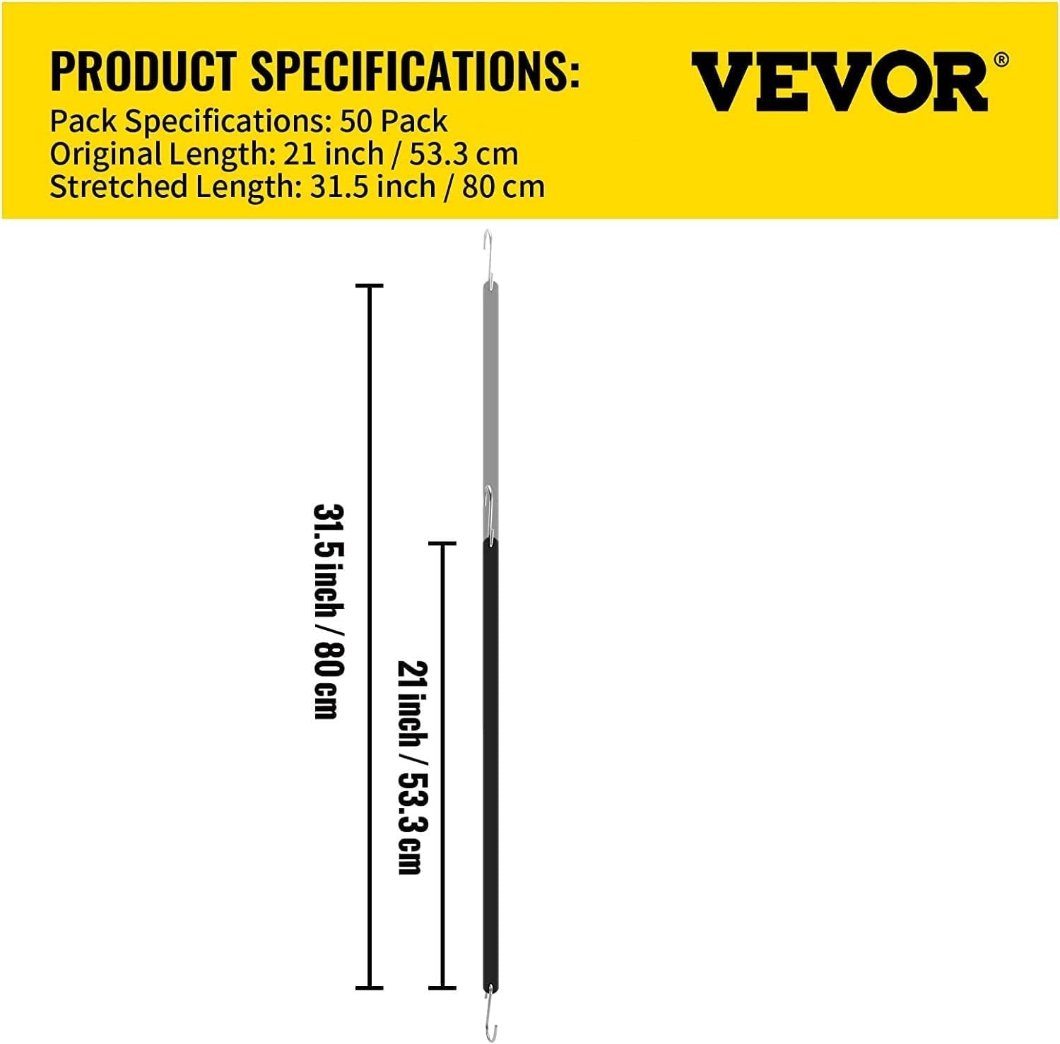 VEVOR 50 PCS Cuerda Elástica Plana de 19,8 mm Correas Elásticas Resistentes con Ganchos en Forma de S de Acero Cuerda Elástica de 53 cm de Largo para Carga, Camiones y Tiendas de Campaña, Negro
