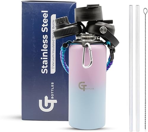 Miniatura 39 de Botella de agua de boca ancha aislada al vacío de acero inoxidable de 25 onzas con 3 tapas y mango de paracaídas para bebidas calientes y frías