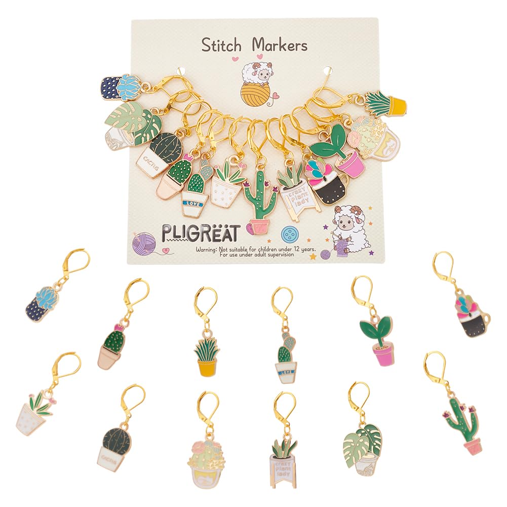 PLIGREAT12 Pcs Cute Potted Green Plants Cactus Stitch Markers Knitting Locking Marker for Woman Weaving Sewing Quilting DIY Gifts Jewelry Making Accessories Crochet Markers with Lobster Claw Clasps