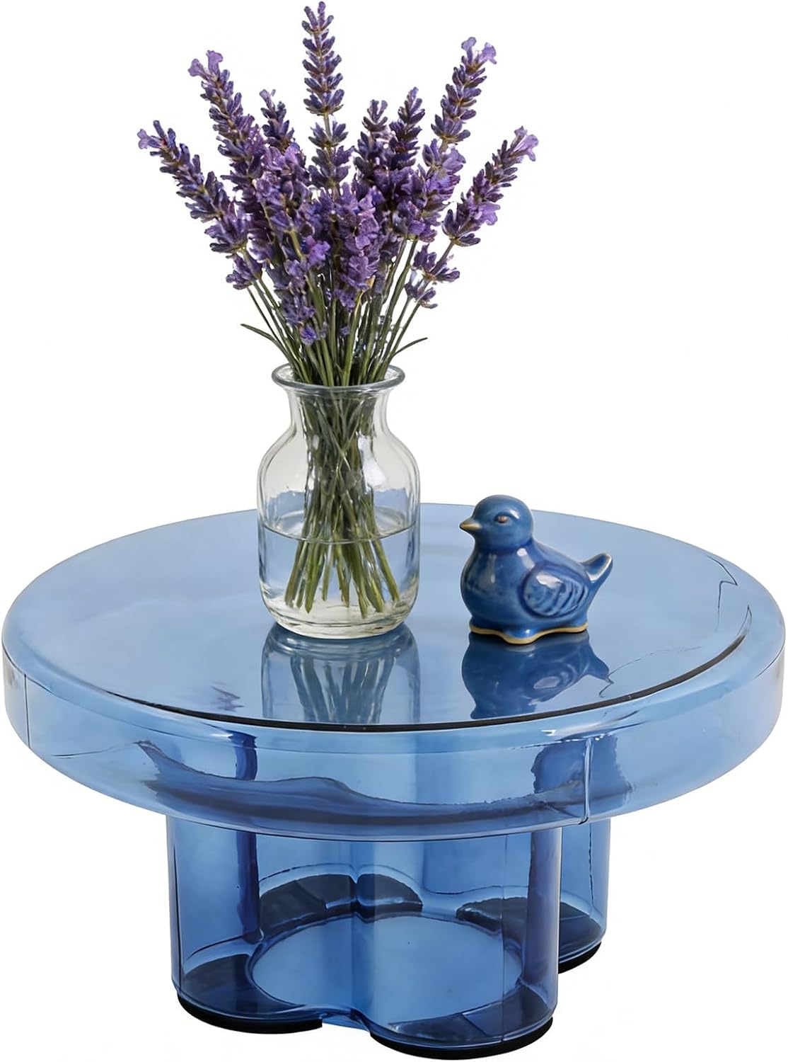 Coffee Side Table, Round Glass Side Table Floorstanding for Home Glass Coffee Table Floral-Shaped Modern Design Glass Tabletop Small End Table for Living Room, Bedroom 21.7 x11.8inch (Blue)