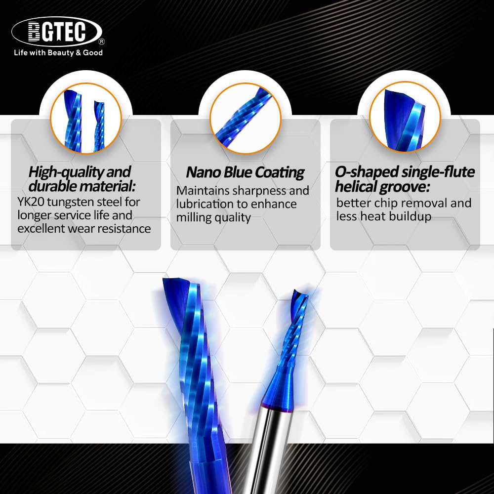 BGTEC Punte per Fresatura O-flute - 2 PEZZI Fresa CNC Elicoidali in Metallo duro a Singolo Tagliente, 6MM Upcut per Legno, Alluminio, Plastica, Acrilico, MDF e PVC