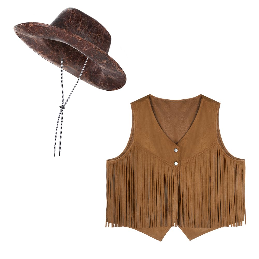JNGUOSICN Western Cowgirl Costume Set for Women Fringe Vest Cowboy Hat 60s 70s Hippie Costume Clothes Open Front Sleeveless Waistcoat Jacket for Hippie Disco Carnival Halloween Party