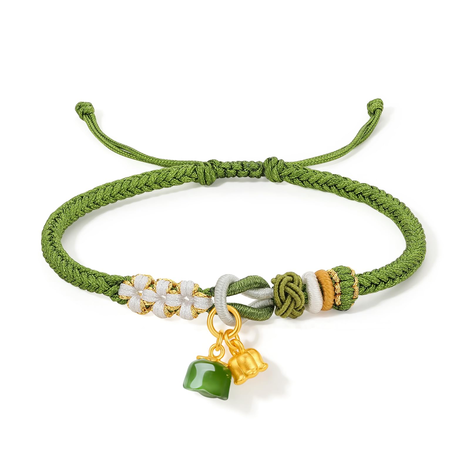 ZHOU LIU FU24K Solid Gold Bracelets for Women, Real Pure Gold Bracelet Adjustable Lucky Lily of the Valley Flower Jade Jewelry Braided Bracelets for Women Men Girlfriend(6.3-8.7In)