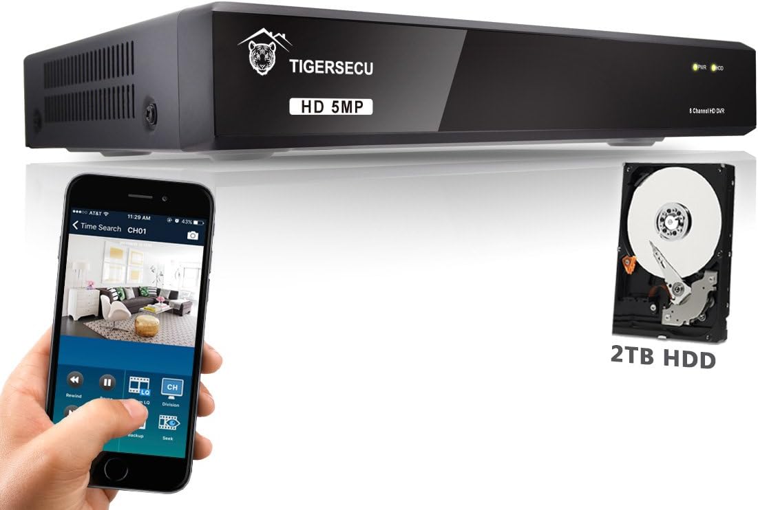TIGERSECU 5MP Super HD 8-Channel Hybrid 4-in-1 DVR Security Recorder with 2TB Hard Drive, for use with 5MP HD-TVI/AHD/CVI Cameras (Cameras Not Included)