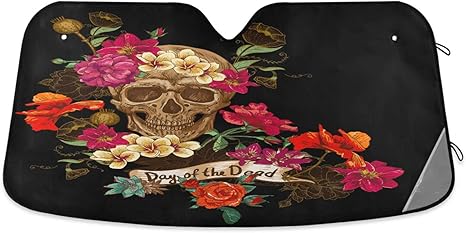Car Windshield Sun Shade, Floral Sugar Skull Day of The Dead Foldable Sun Visor for Car Window Blocks UV Rays and Heat Reflector Sunshade Shield Cover, Fit for Most Vehicles