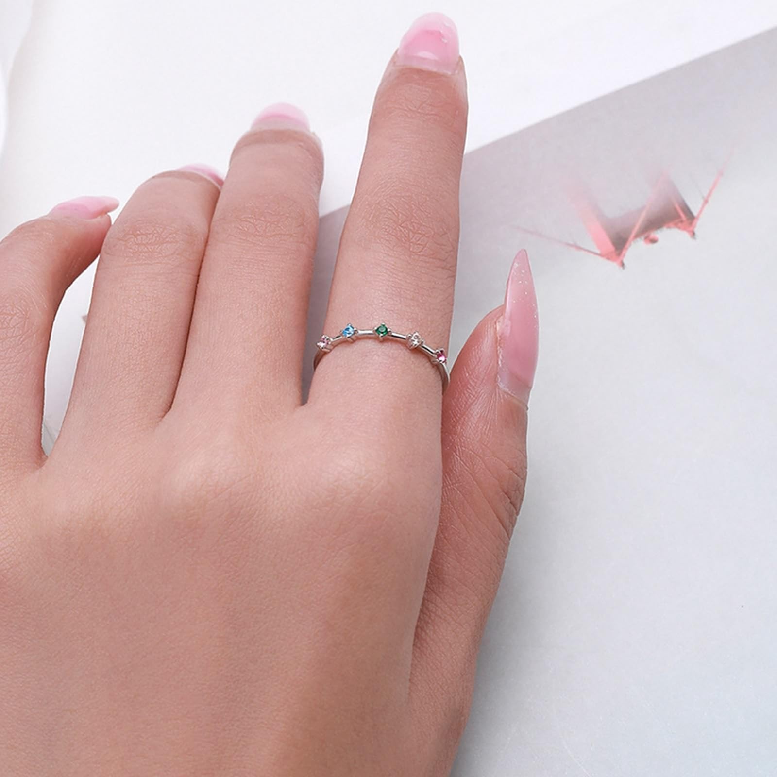Anillo de oro blanco de 9 K/14 K, piedras preciosas, elegantes, apilables, para mujer