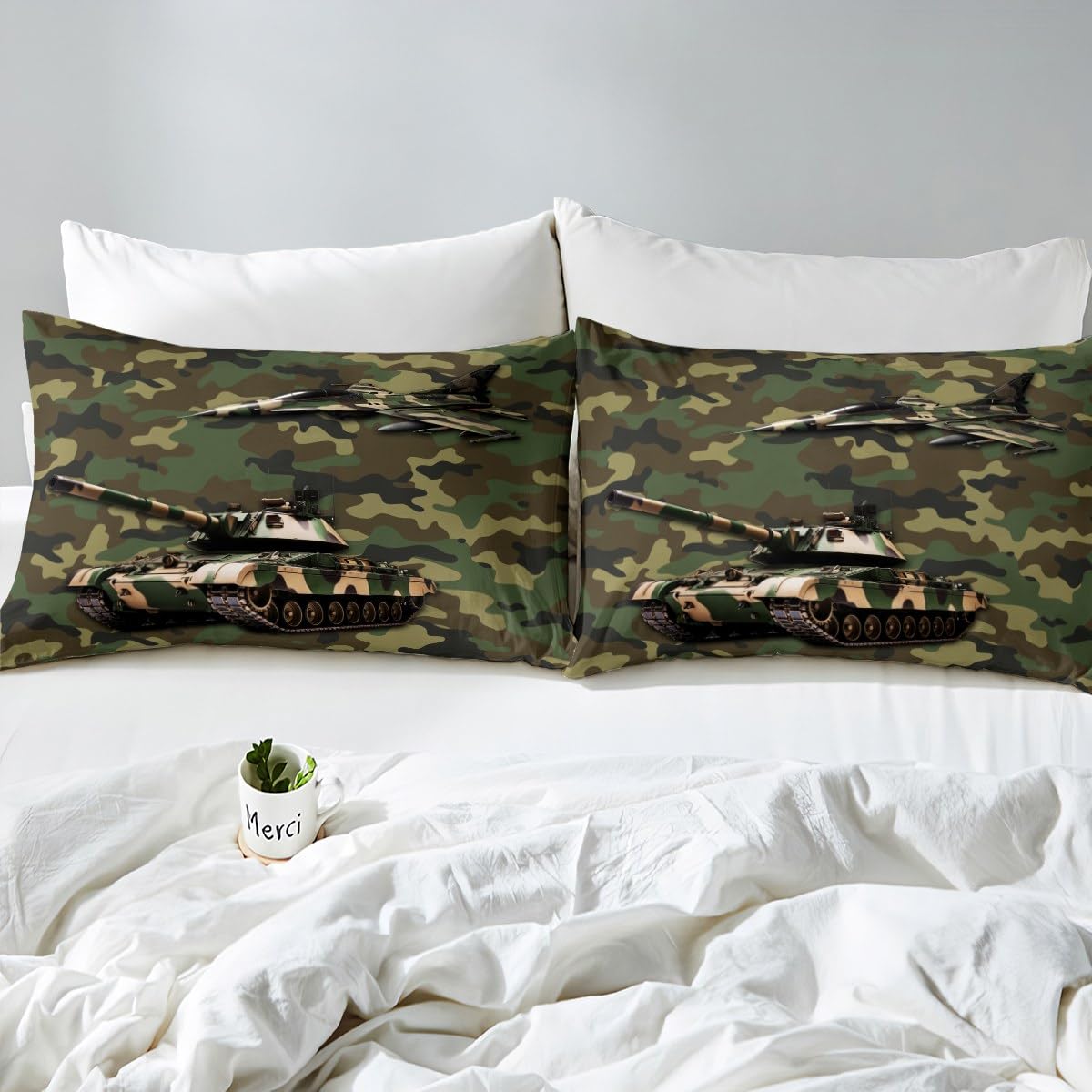 Aircraft Duvet Cover Set Double Size, Army Camo Tank Airplane Comforter Cover with 2 Pillowcases - Image 4