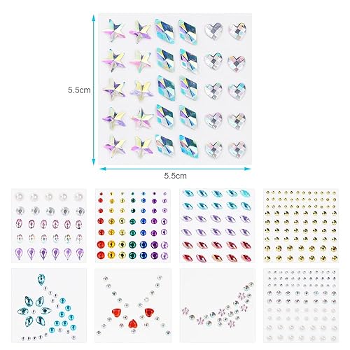 Miniatura 2 de URAQT Juego de 9 hojas de diamantes de imitación para la cara, joyas de sirena, autoadhesivas, cristal, arcoíris, diamantes, ojos, cuerpo, tatuajes