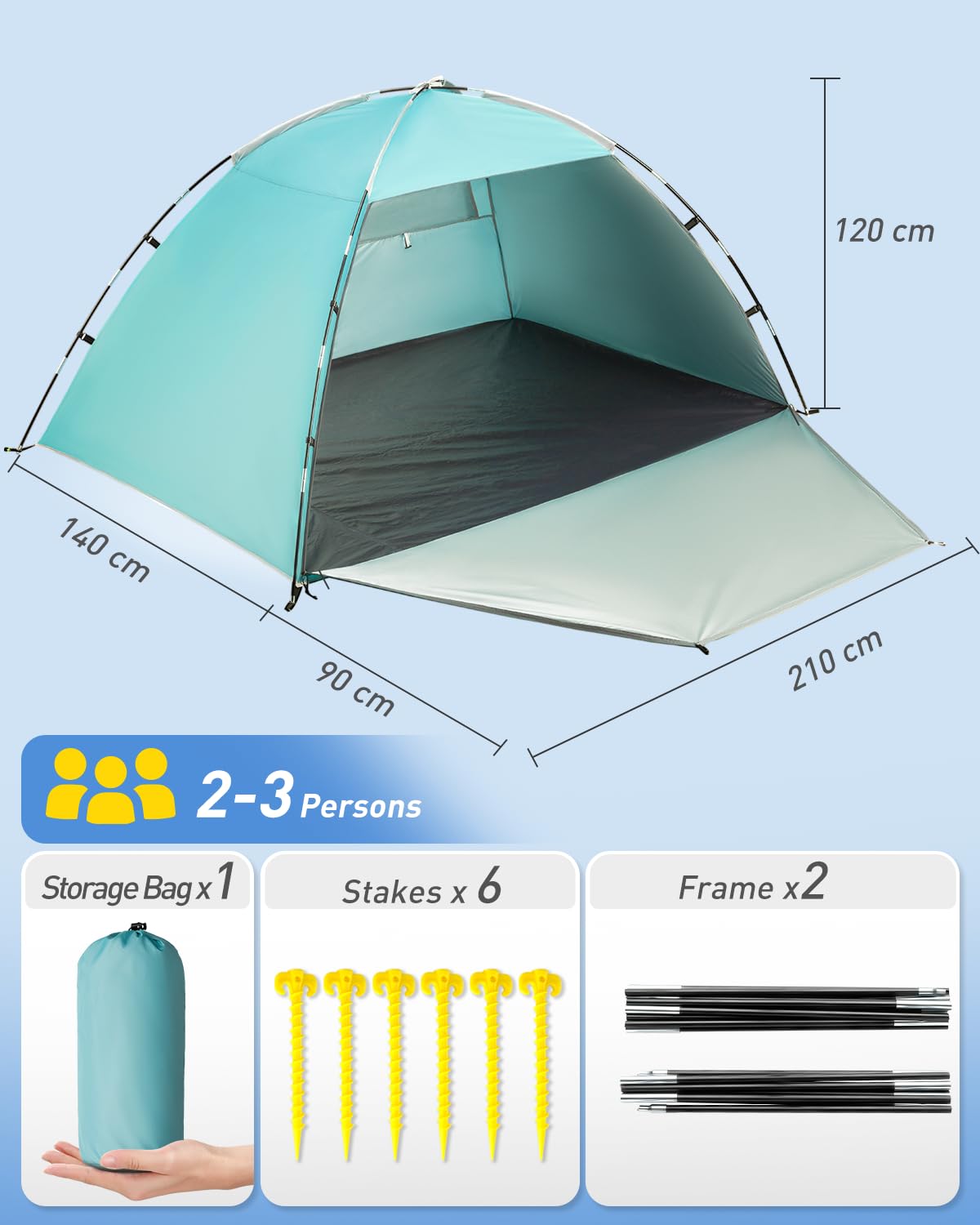 Tenda Da Spiaggia, 2-3 Persone Tenda Parasole Spiaggia, UPF 50+ Uv Protection, Installazione Semplice, Leggera E Facile Da Trasportare, Per Campeggio, Spiaggia, Attività All'aperto