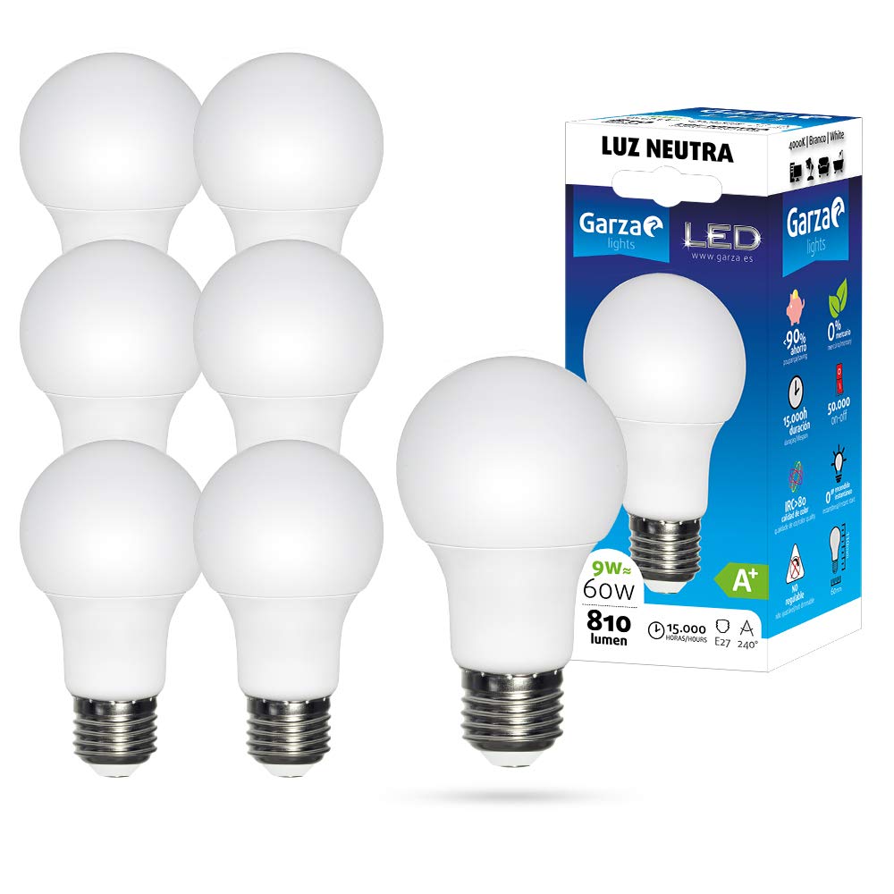 Garza - Pack de 8 Bombillas LED de bajo consumo estandar A60 E27 de 810LM y 9W de potencia equivalente a 60W y temperatura blanco día 4.000K 15.000H duración
