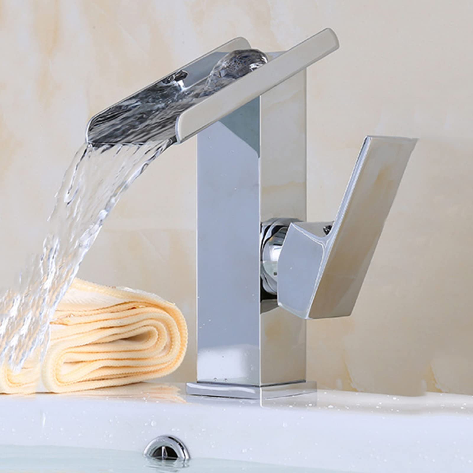 Rubinetto per Lavabo A Cascata Cromato, Miscelatore per Lavabo Caldo E Freddo, in Ottone, Monoforo, con Maniglia Singola, Alto,Short