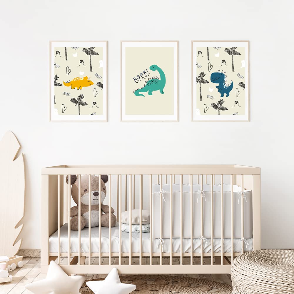 MeinBaby123 Póster de dinosaurio para habitación infantil, juego de 3 dinosaurios, DIN A4, imágenes para habitación infantil, imágenes decorativas de dinosaurio, decoración para habitación de bebé