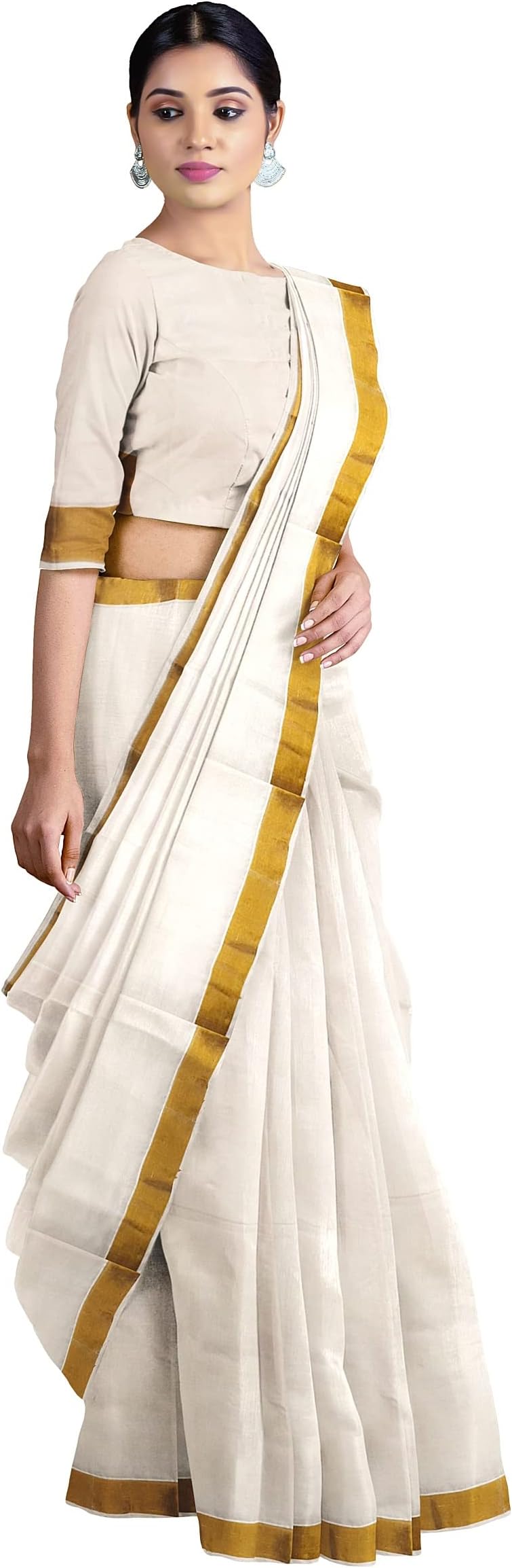 Women's Kasavu Cotton Saree With Blouse Piece (Kasavu-P5_White)