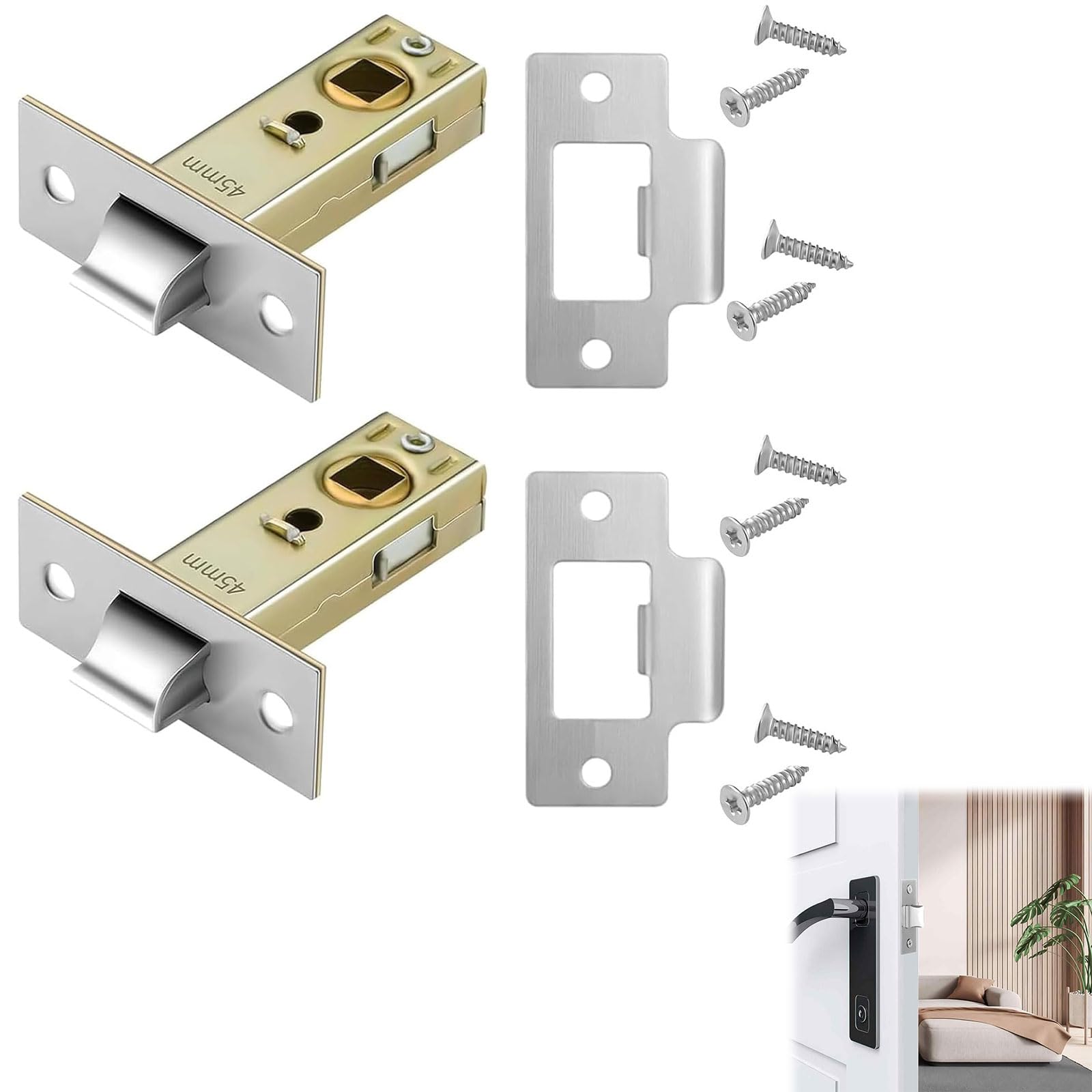 2 Set 45mm Tubular Latch, Internal Door Lock Mortice Latch Polished Door Latch for Sprung Lever Door Handles