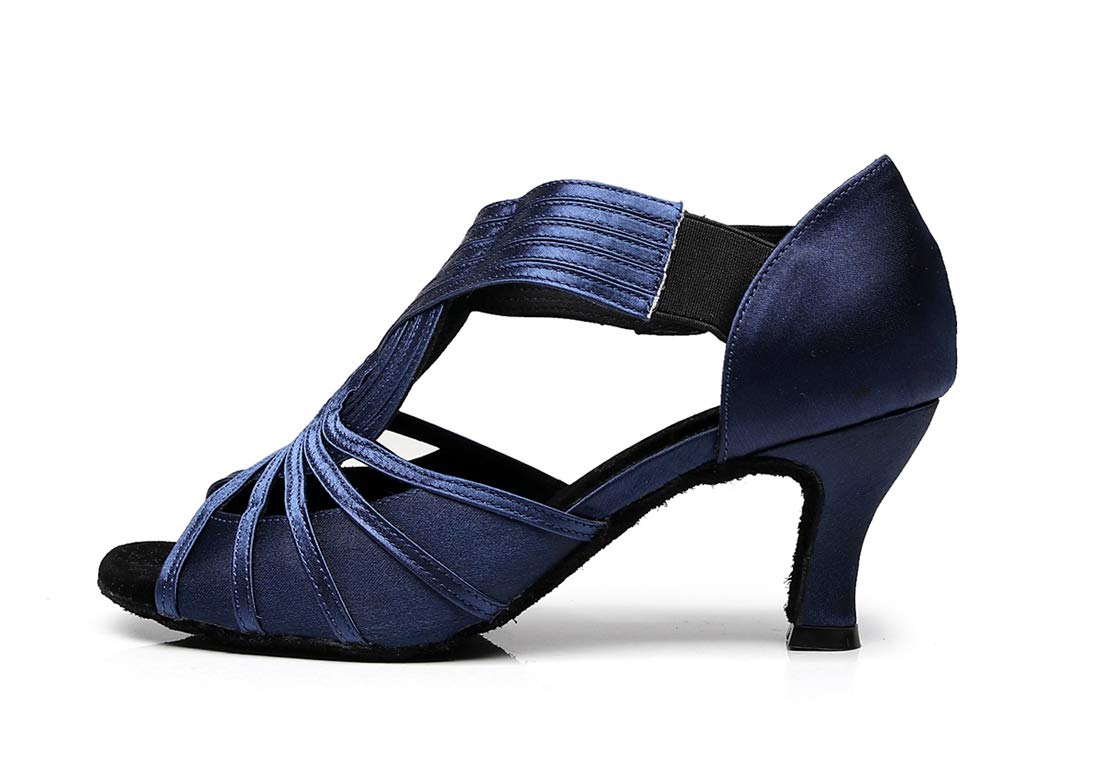 TDA Womens 7133 Flared Heel Dark Blue Satin Latin Modern Salsa Tango Ballroom Wedding Dance Shoes 7.5 M US