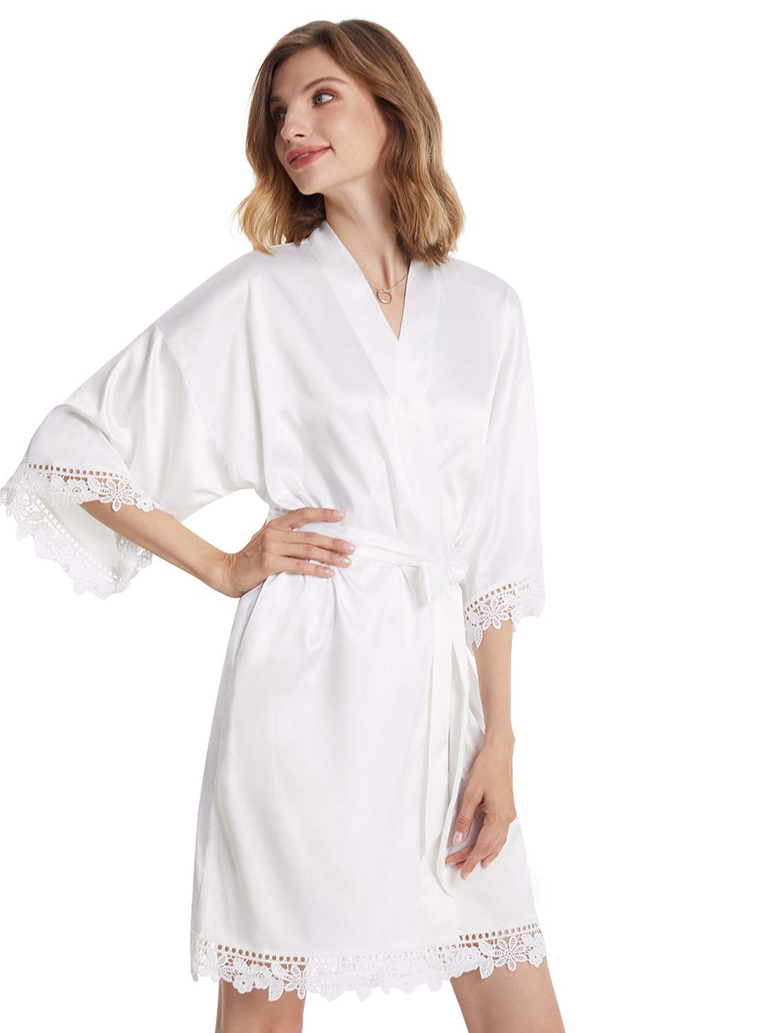 AW BRIDALWomen's Silk Robe Satin Robe with Lace Trim, Bridal Party Robe Bridesmaid Robes Bride Robe for Wedding Day, S-XL