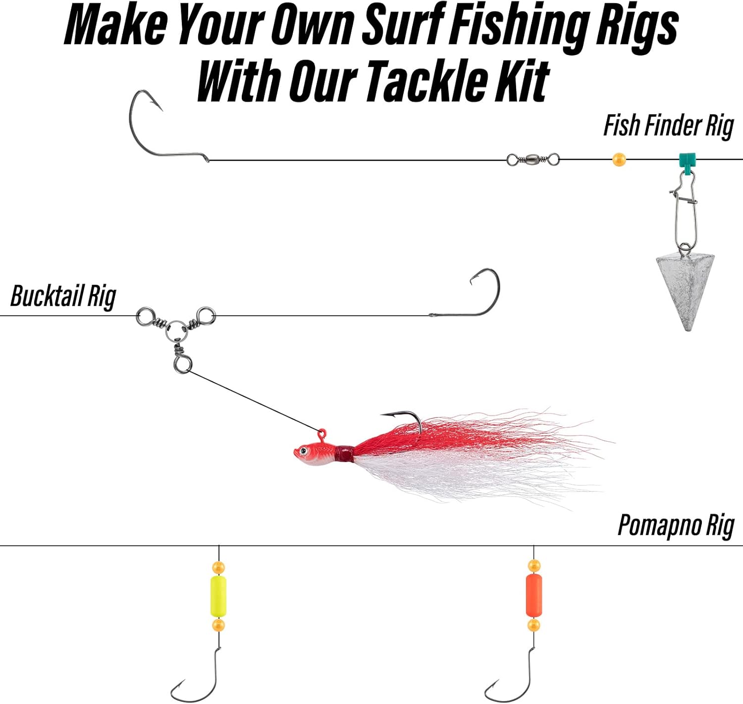 Dr.Fish 269 Pieces Surf Fishing Tackle Box Kit, Saltwater Ocean Beach Fishing Gear Supplies, Lure&Rig Accessories, Bucktail Jigs Saltwater Lures Walking Bait Surf Casting Pyramid Sinkers