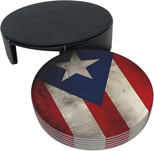 Vista 3 de Drink Coasters Set of 6, Puerto Rico Flag Printed PU Leather Round Coaster with Holder for Outdoor, Office, Bar, Funny Heat-Resistant Home Desk Decor