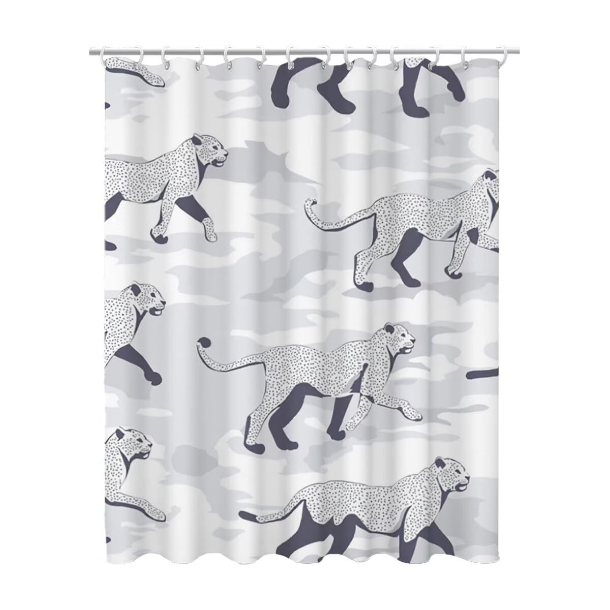 Grau Duschvorhang 240x200, Duschrollo mit 12 Duschvorhang Haken, Leopard Shower Curtains Beschwerter Saum, Waschbar Polyester Stoff Wasserdicht Extra Lang für Badewanne Badezimmer, Geschenke -3173